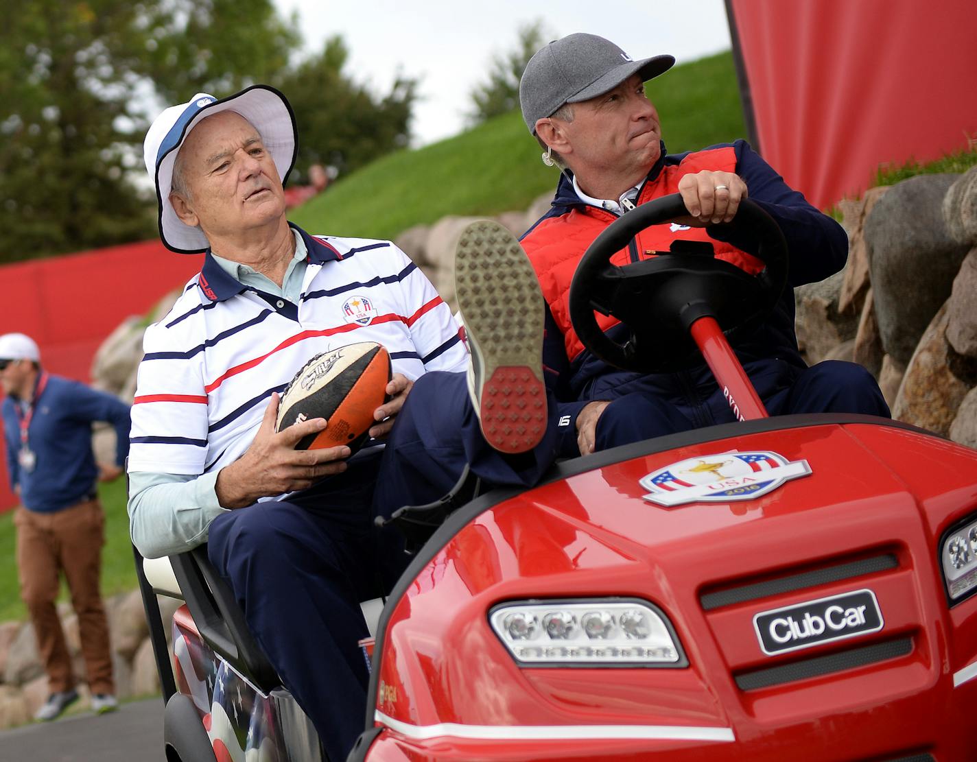 Actor Bill Murray was chauffeured to the first tee by Team USA Captain Davis Love III before Murray teed off in the Ryder Cup Celebrity Matches Tuesday afternoon. ] (AARON LAVINSKY/STAR TRIBUNE) aaron.lavinsky@startribune.com Team USA and Team Europe practiced for the Ryder Cup at Hazeltine National Golf Club on Tuesday, Sept. 27, 2016 in Chaska, Minn.