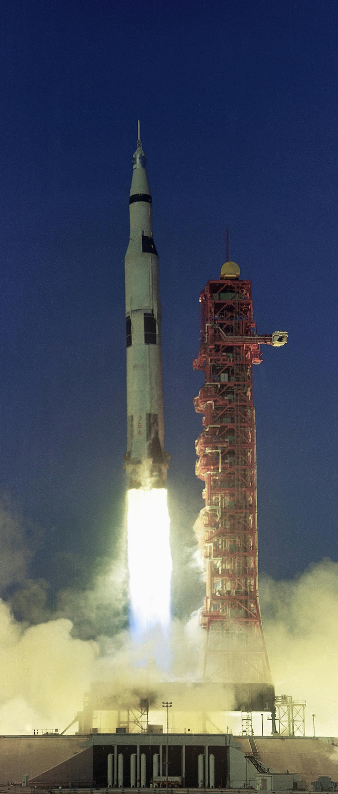 The Saturn V Rocket with the Apollo 8 spacecraft lifts off from Cape Kennedy, Florida, Dec. 21, 1968. The spacecraft is carrying astronauts Frank Borman, commander, James A. Lovell Jr., and William A. Anders to a seven-day mission scheduled to include 10 orbits of the moon. Blast-off location is launch complex 39A. (AP Photo) ORG XMIT: APHS198016