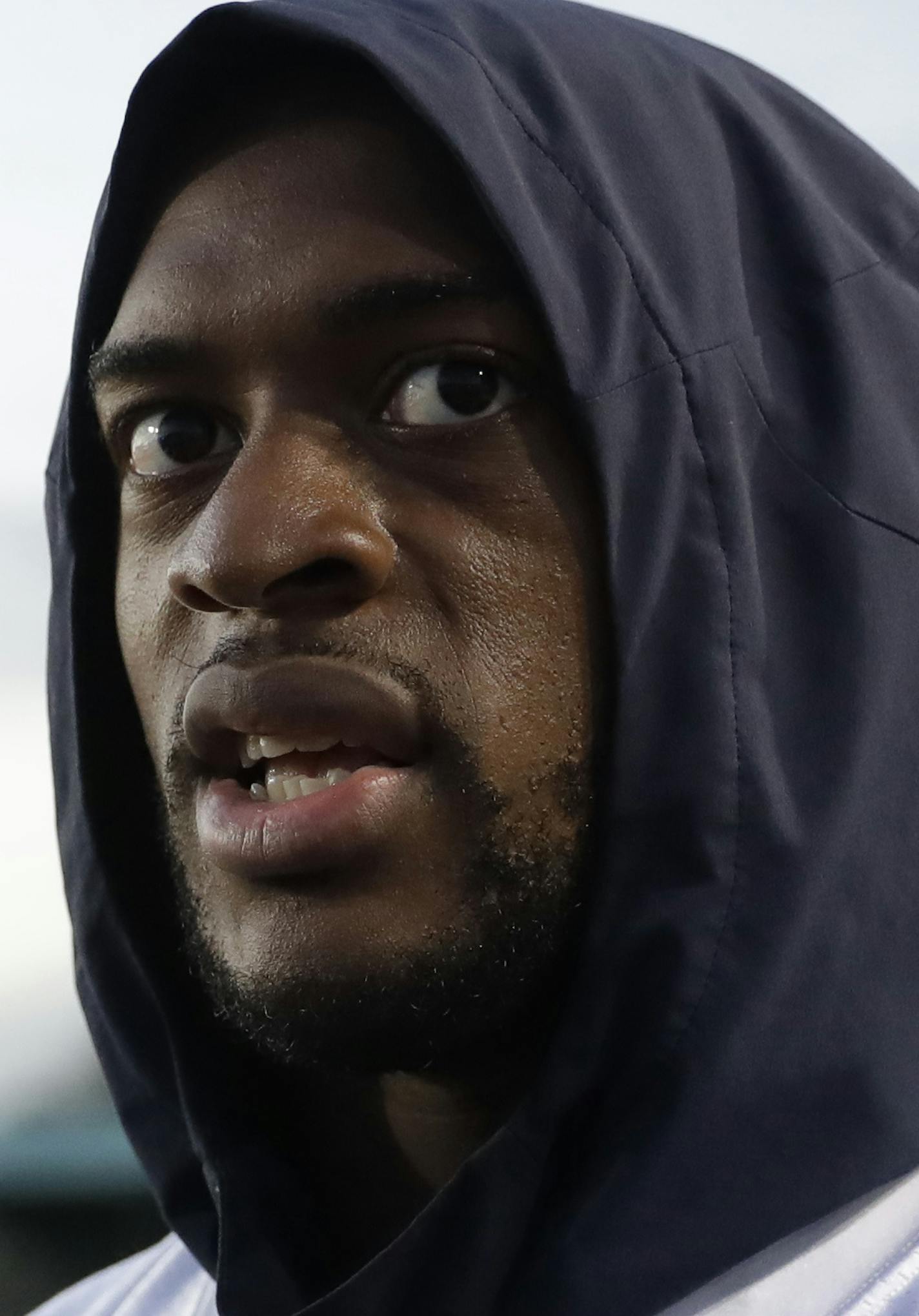 Chicago Bears' wide receiver Allen Robinson speaks to the media after an NFL training session at the Allianz Park stadium in London, Friday, Oct. 4, 2019. The Chicago Bears are preparing for an NFL regular season game against the Oakland Raiders in London on Sunday. (AP Photo/Matt Dunham) ORG XMIT: LMD124