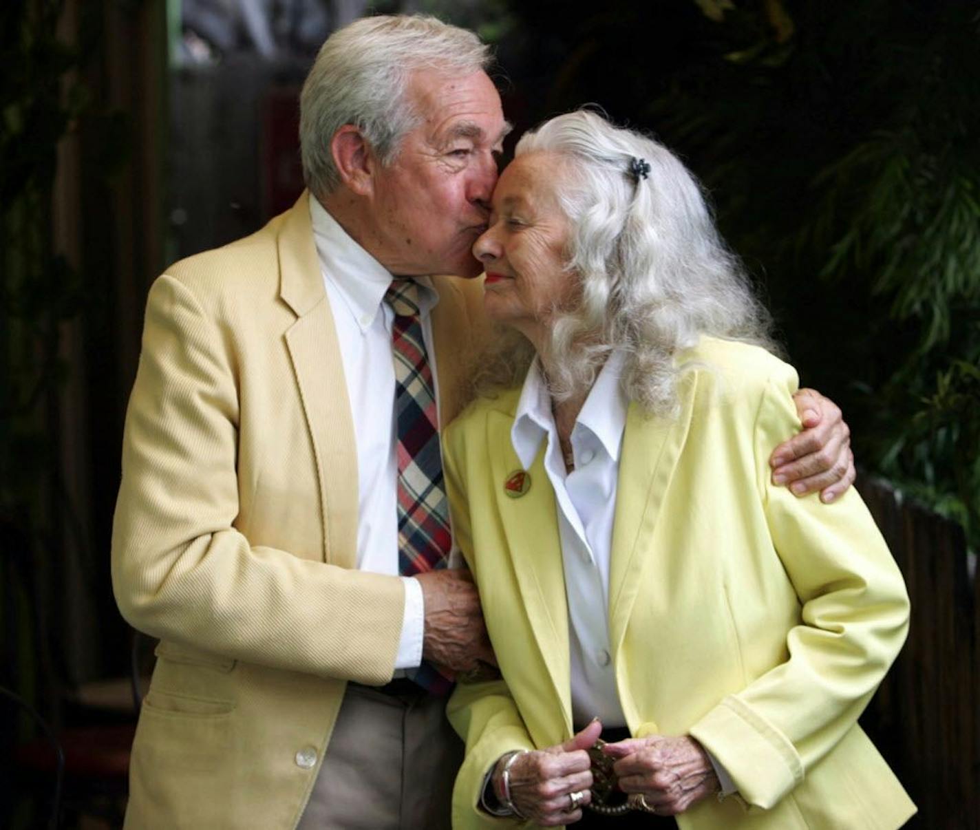 In this June 21, 2006, file photo, Jack Larson, left, and Noel Neil, who originated the roles of Jimmy Olson and Lois Lane in the 1950s "Superman" television series, pose at Patrick's Roadhouse in the Pacific Palisades area of Los Angeles.