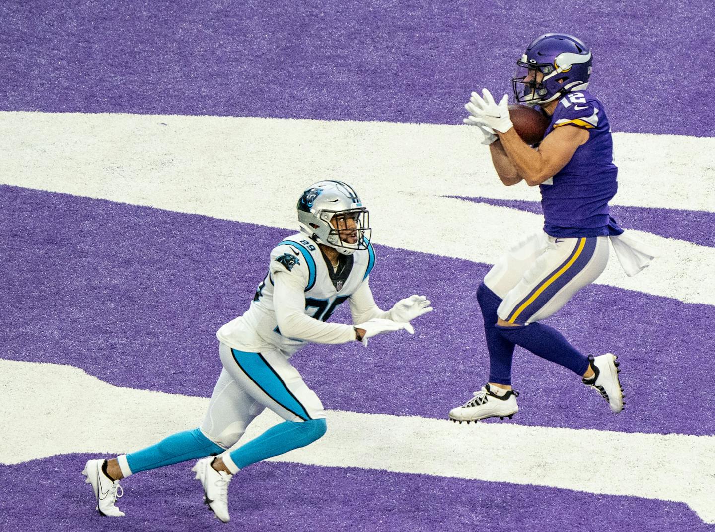 Vikings wide receiver Chad Beebe caught the game-winning touchdown with under a minute to play over the head of Panthers cornerback Corn Elder.