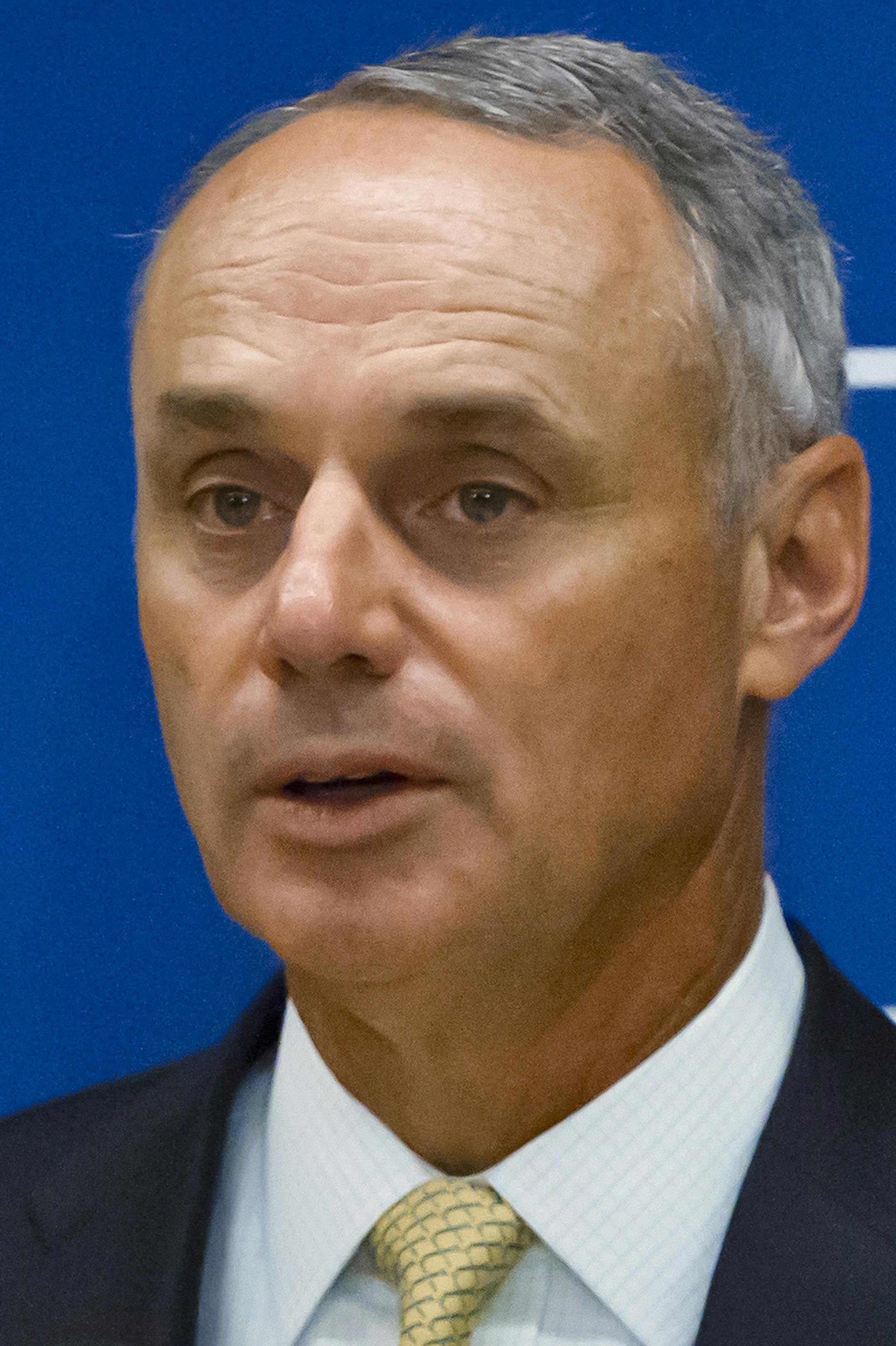 FILE - In this May 21, 2015, file photo, baseball Commissioner Rob Manfred speaks during a news conference in New York. Pete Rose has made his case for reinstatement with Commissioner Rob Manfred, who promised a decision by the end of December. Major League Baseball said the meeting with the career hits leader and his representatives took place Thursday, Sept. 24, 2015, at baseball's headquarters in New York. "Commissioner Manfred informed Mr. Rose that he will make a decision on his application