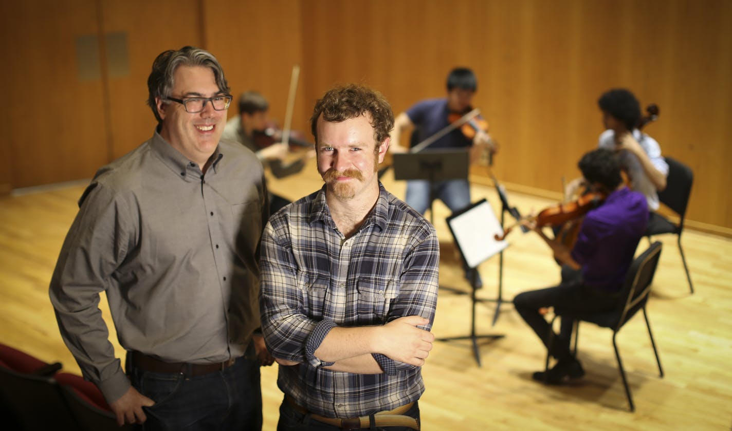 Prof. Scott St. George, left, urged student Daniel Crawford to come up with a new way to show the effects of climate change. By assigning annual average temperatures in Arctic regions to a range of notes, Crawford composed a string quartet that is at times alarming, at times illuminating.