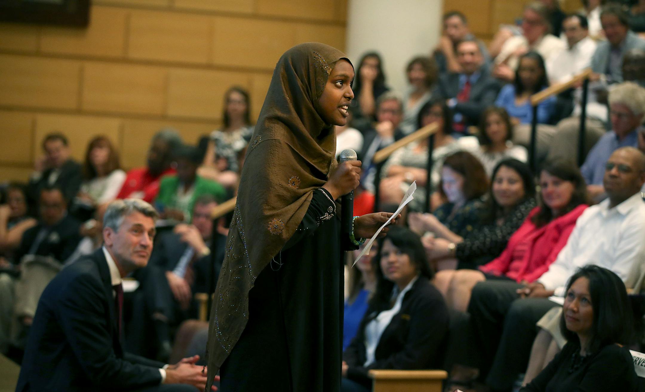 Husna Ibrahim of Project Success fired up a crowd as Generation Next announced its plan to tackle the achievement gap during a presentation to community leaders at the Humphrey School of Public Affairs, Monday, August 18, 2014 in Minneapolis, MN. Generation Next , directed by former Minneapolis Mayor R.T. Rybak, is a coalition of community groups, political leaders, foundations and businesses. ] (ELIZABETH FLORES/STAR TRIBUNE) ELIZABETH FLORES • eflores@startribune.com