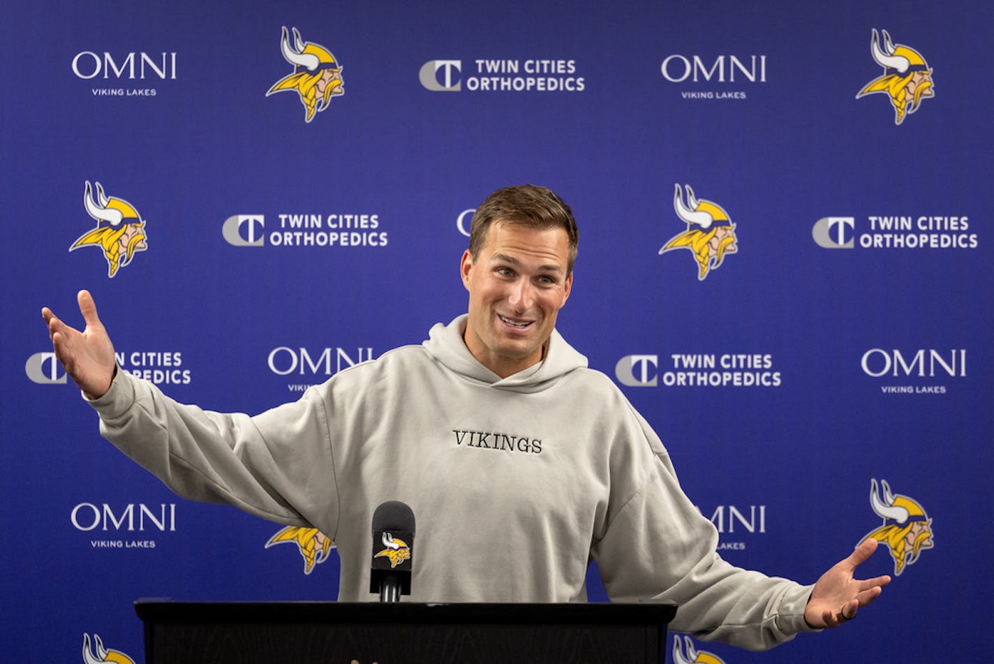 Minnesota Vikings quarterback Kirk Cousins during a press conference Tuesday, July 25, 2023, at TCO Performance Center in Eagan, Minn. ] CARLOS GONZALEZ • carlos.gonzalez@startribune.com