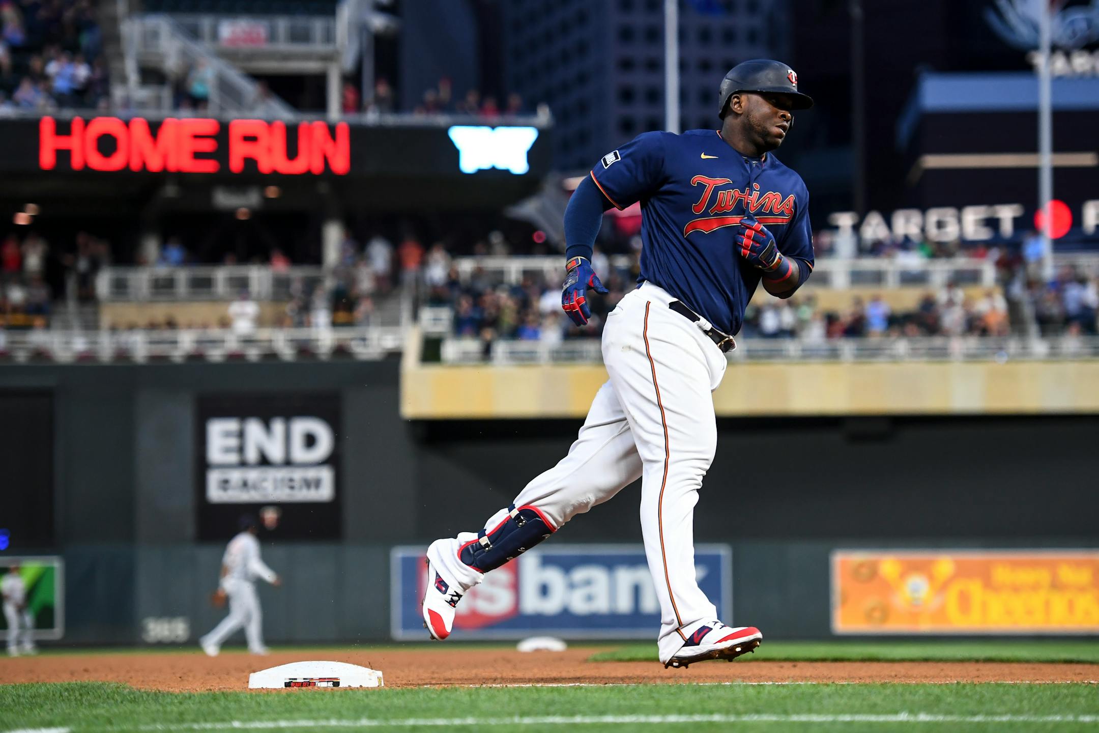 Minnesota Twins first baseman Miguel Sano (22) rounded the bases after he hit a solo home run in the bottom of the seventh inning against the Detroit Tigers.