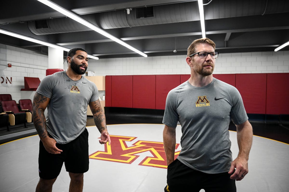Gophers wrestling coach Brandon Eggum, right, kept the program’s heavyweight tradition going with Olympic gold medalist Gable Steveson.