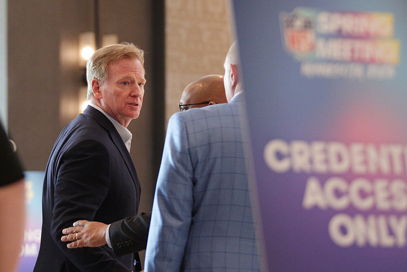 NFL Commissioner Roger Godell attends the NFL Owners Meetings at the Omni Hotel Monday, May 22, 2023 in Eagan, Minn. (AP Photo/Andy Clayton-King)