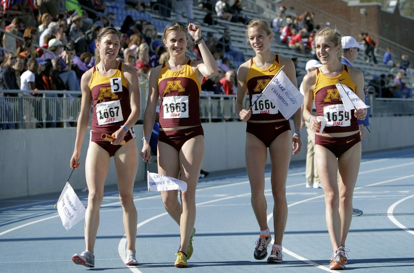 Minnesota's Elizabeth Yetzer, Nikki Swenson, Missa Varpness and Stephanie Price, from left, celebrated on the track after winning the women's 6,400-meter relay at the Drake Relays in April.