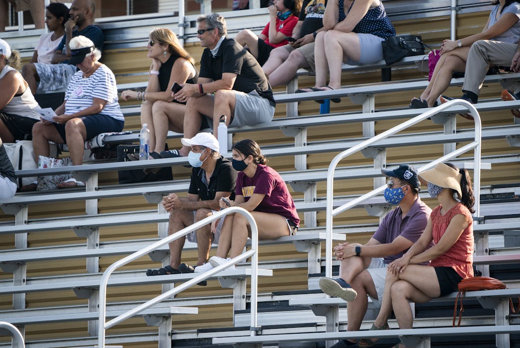 Fans at an East Ridge-Mounds View boys' soccer game were reminded to wear face coverings when not seated and to keep 6 feet between themselves and those not in their household.