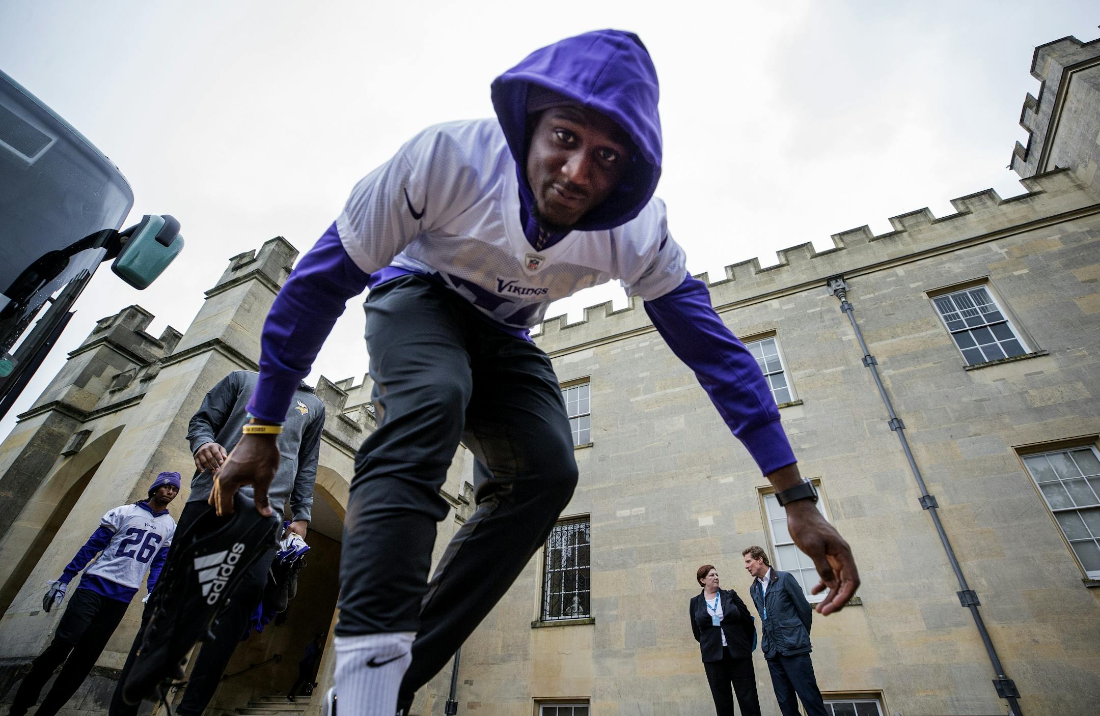 Minnesota Vikings defensive back Xavier Rhodes (29) got off the team bus and walked to the practice field at Syon House outside of London in preparation for a game vs. the Cleveland Browns.