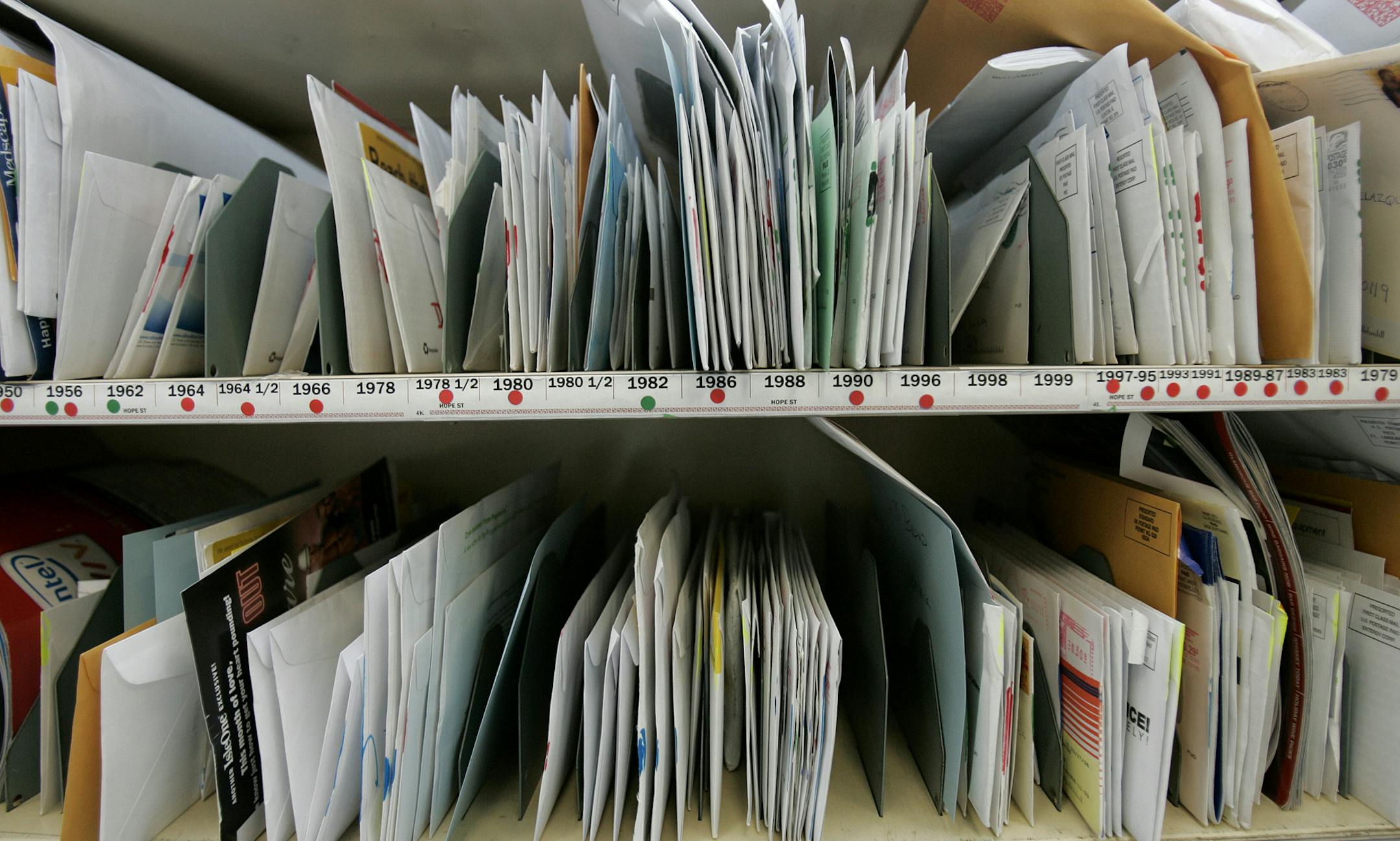 FILE - In this Feb. 23, 3006 file photo, mail for one route in the Mid-City section of New Orleans is sorted and waits to be picked up by recipients at the New Orleans post office. An internal Postal Service audit says about 49,000 pieces of mail were monitored during the last fiscal year under a far-reaching federal surveillance program and more oversight is needed to ease privacy concerns. Under the program, called “mail covers,” information on the outside of a piece of mail is r