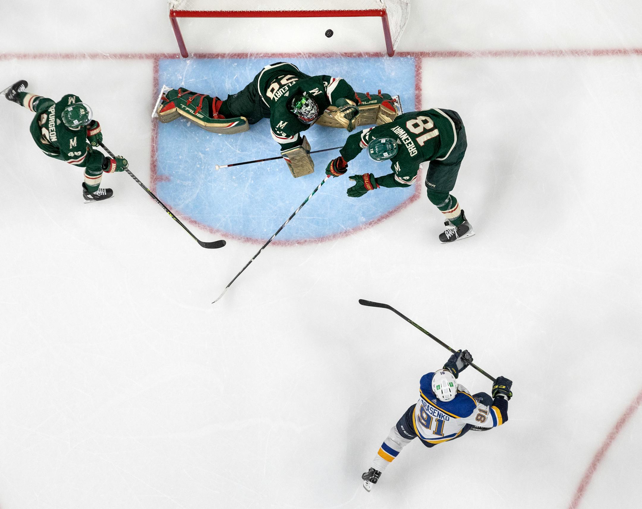 Vladimir Tarasenko (91) gets the puck past Minnesota Wild goalie Marc Andre Fleury (29) for a goal in the third period.