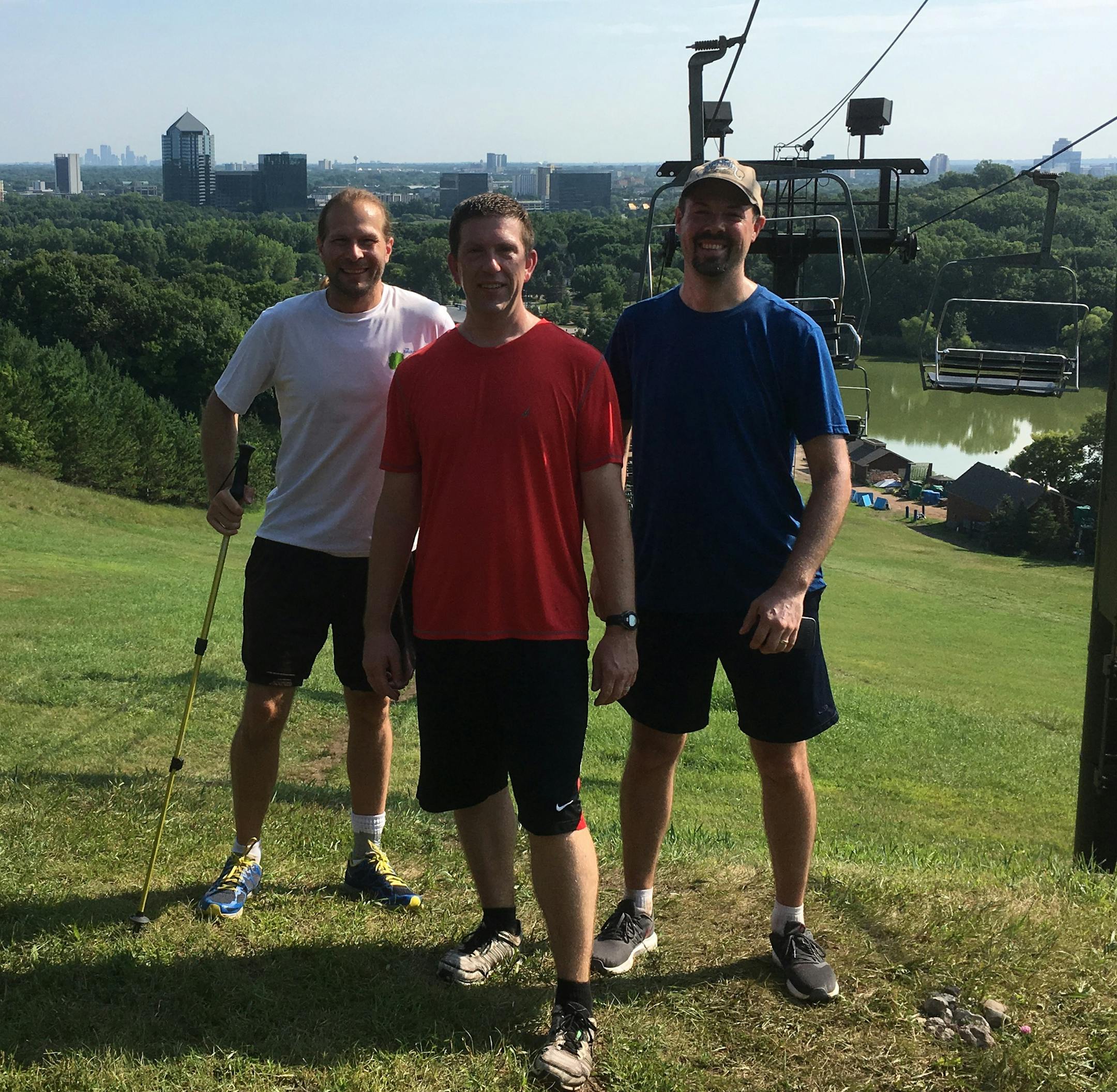 Three Twin Cities men, from left, Todd Millenacker, Casey Black and Peter Davich, on top of Mount Gilboa, a Bloomington ski hill they would climb 96 times to duplicate the elevation gain going up Mount Everest.