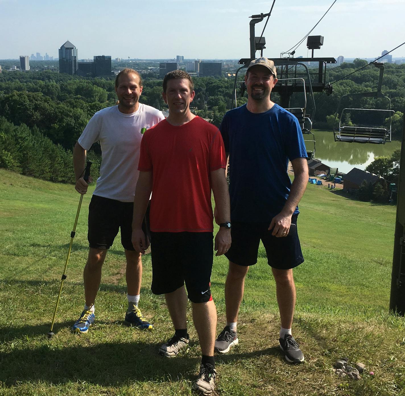 Three Twin Cities men, from left, Todd Millenacker, Casey Black and Peter Davich, on top of Mount Gilboa, a Bloomington ski hill they would climb 96 times to duplicate the elevation gain going up Mount Everest.