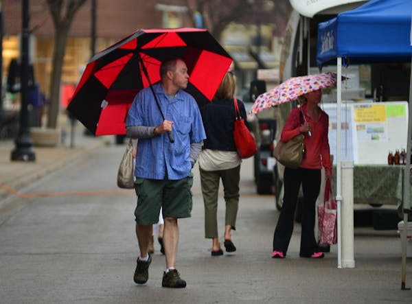 The umbrellas began to sprout as a steady rain began to fall on the farmers market in downtown Excelsior on Water St.