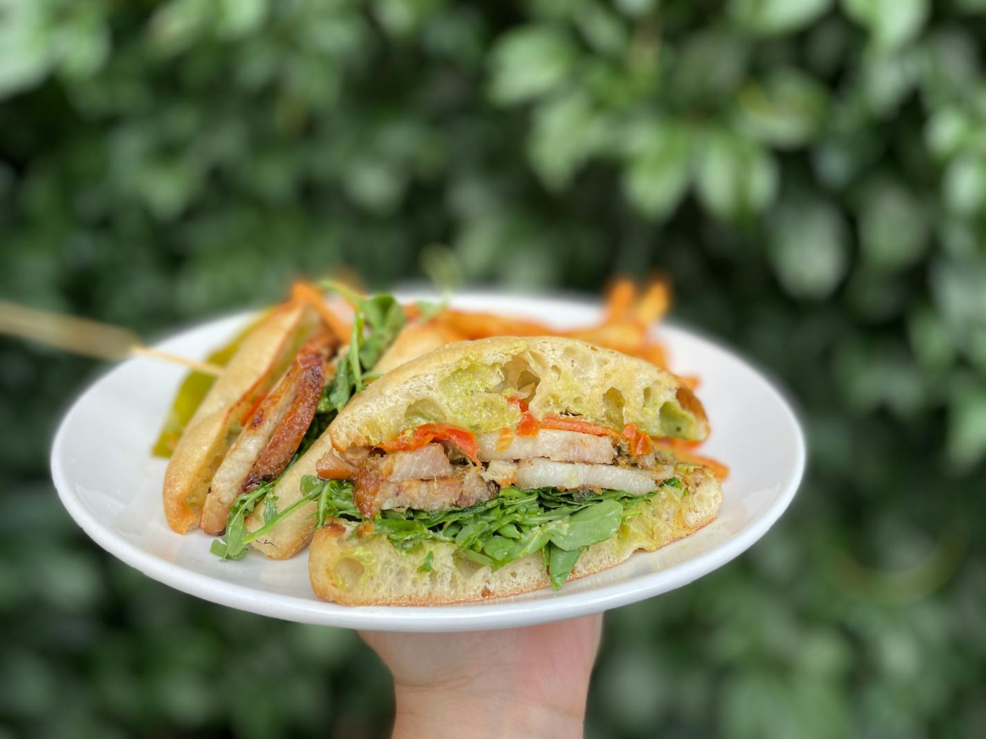 A porchetta sandwich on ciabatta bread held in front of a wall covered in ivy.