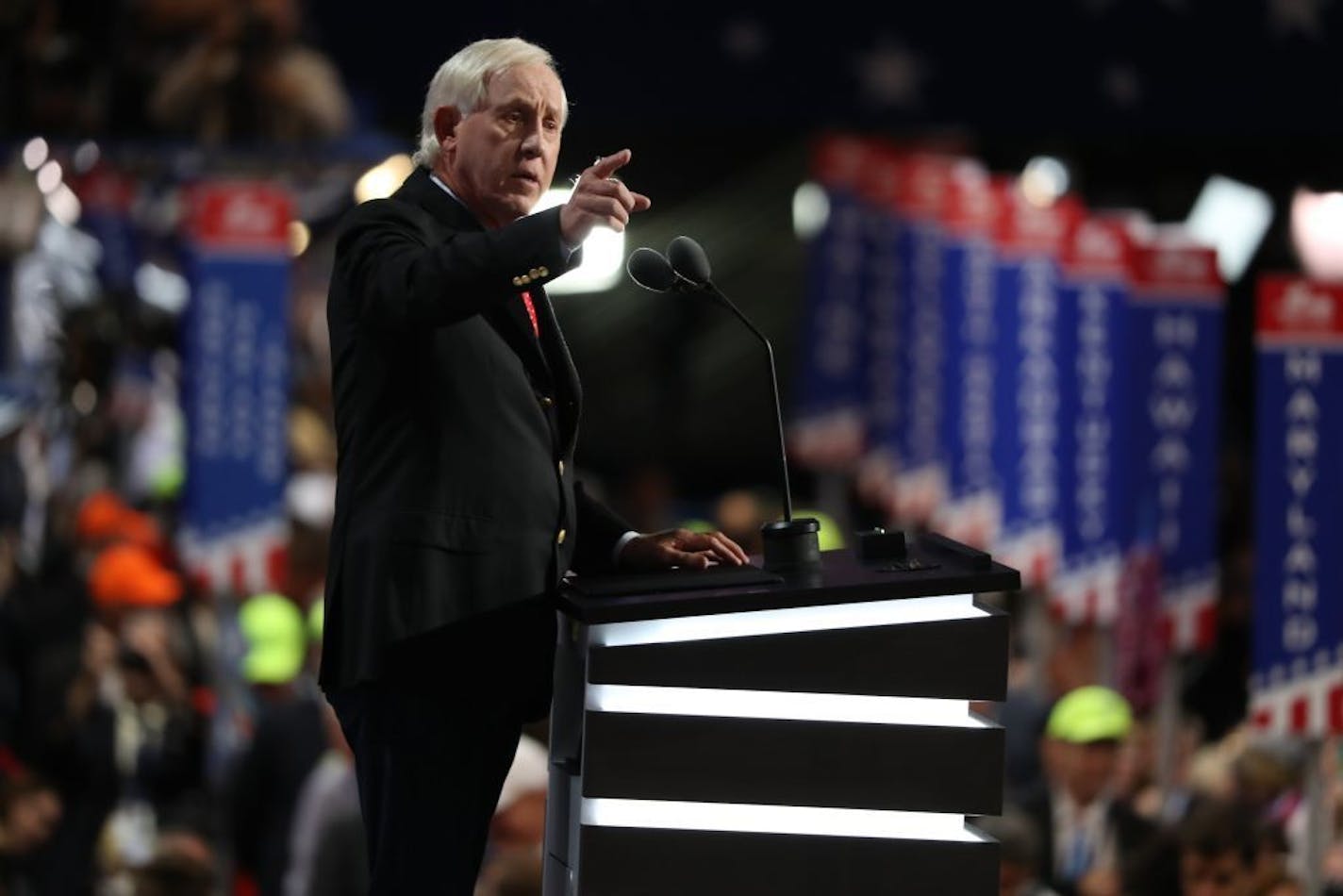 Hall of Fame quarterback Fran Tarkenton addresses the final day of the Republican National Convention at the Quicken Loans Arena in Cleveland, July 21, 2016.