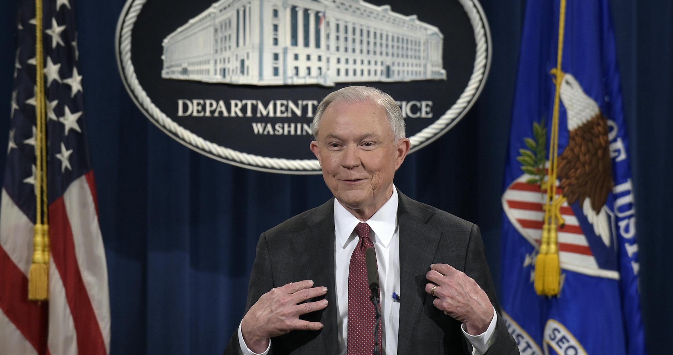 Attorney General Jeff Sessions speaks during a news conference at the Justice Department in Washington, Thursday, March 2, 2017. Sessions said he will recuse himself from a federal investigation into Russian interference in the 2016 White House election. (AP Photo/Susan Walsh) ORG XMIT: MIN2017030215432940