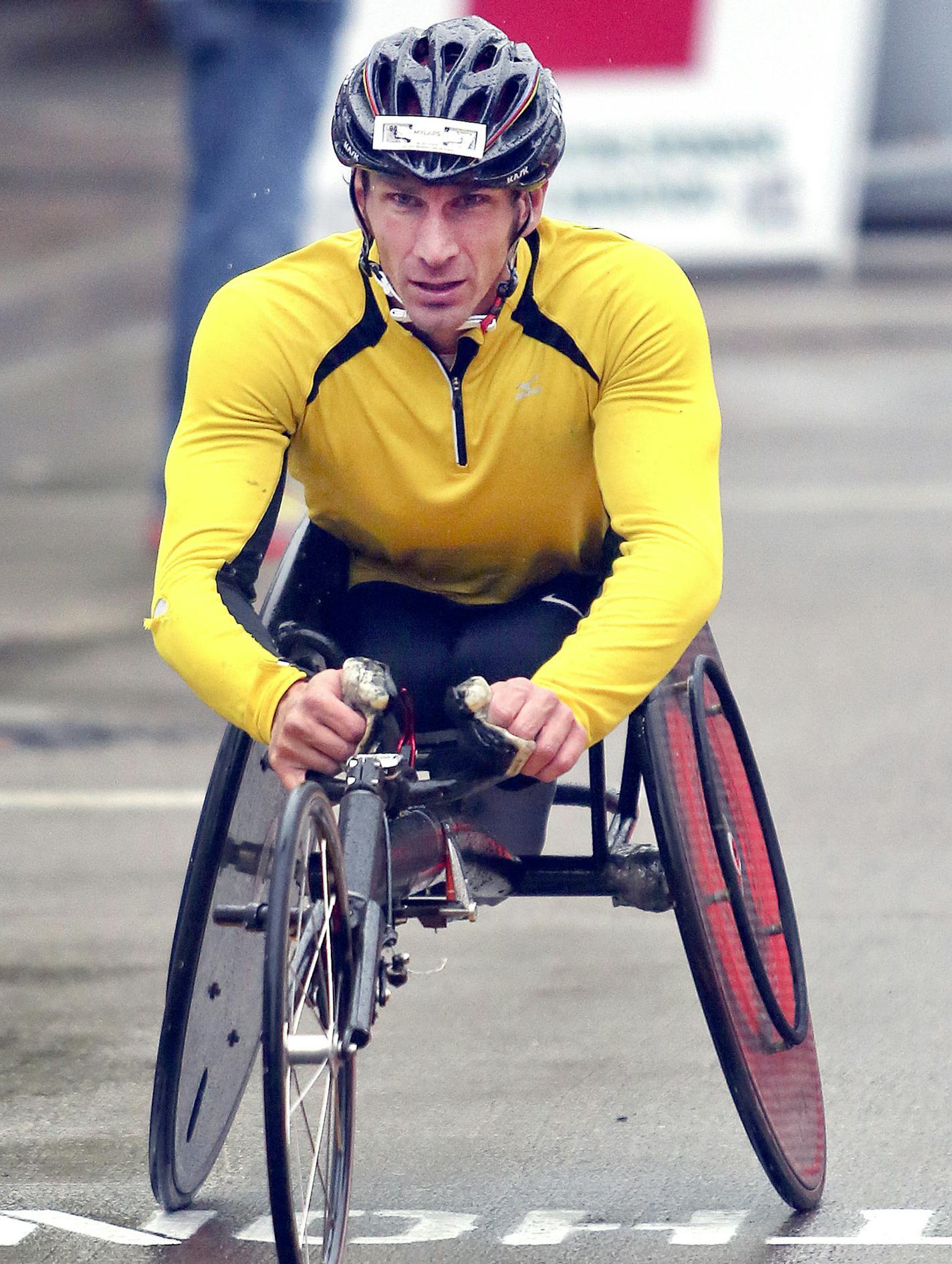 t06.20.2015 -- Steve Kuchera -- kucheraGMA0621c8 -- Josh George wins the Grandma's Marathon wheelchair race Saturday with a time of 1:30:12. Steve Kuchera / skuchera@duluthnews.com