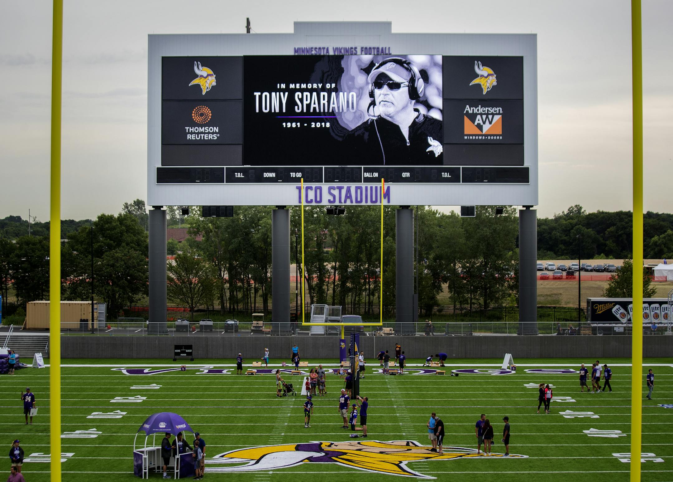 A tribute to offensive line coach Tony Sparano loomed above the Vikings' first training camp practice in Eagan.