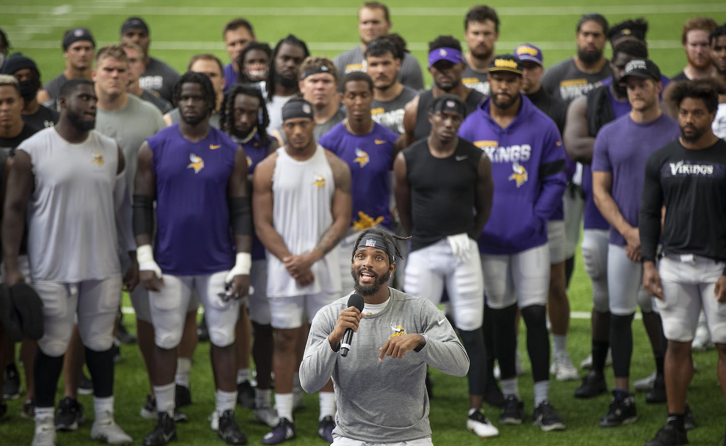 Minnesota Vikings running back Ameer Abdullah stood before the team to address the media regarding current racial issues after the team practiced at US Bank Stadium, Friday, August 28, 2020 in Minneapolis, MN. ] ELIZABETH FLORES • liz.flores@startribune.com