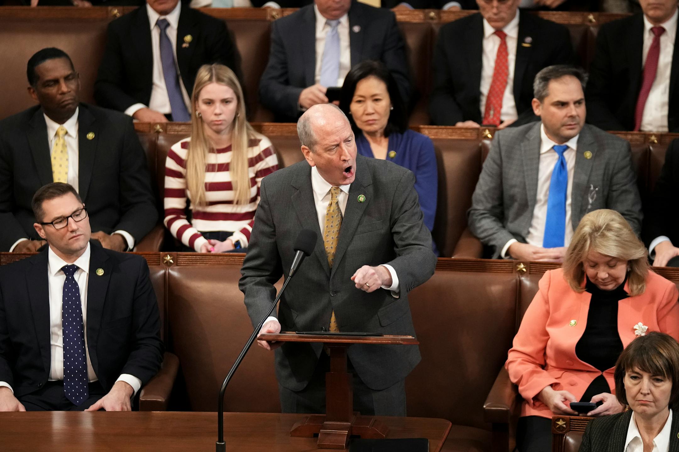 Rep. Dan Bishop (R-N.C.) speaks as voting for the next House Speaker begins for a third day, at the Capitol in Washington on Thursday, Jan. 5, 2023. Rep. Kevin McCarthy (R-Calif.) on Thursday offered fresh concessions to hard-right Republicans refusing to back him for House speaker, as a historic deadlock that has paralyzed Congress entered its third day with no resolution. (Haiyun Jiang/The New York Times)
