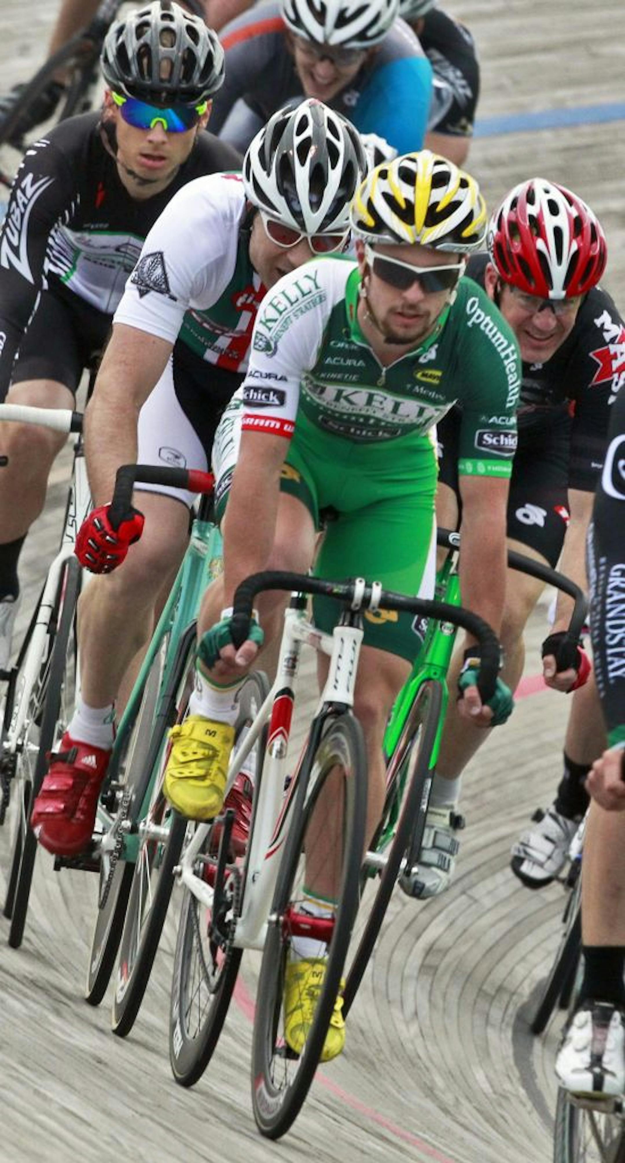 Colton Barrett, foreground, is the defending champion of the upcoming Bicycle Festival Minnesota Fixed Gear Classic held at National Sports Center Velodrome in Blaine.