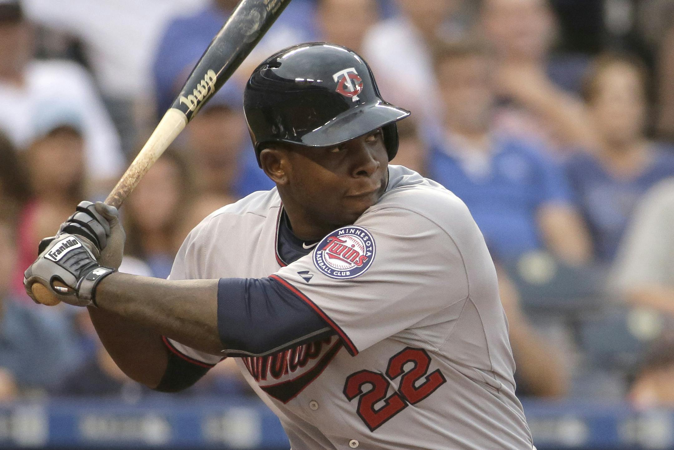 Minnesota Twins designated hitter Miguel Sano bats on his first major league at bat during the second inning of a baseball game against the Kansas City Royals Thursday, July 2, 2015, in Kansas City, Mo. (AP Photo/Charlie Riedel) ORG XMIT: OTKCR