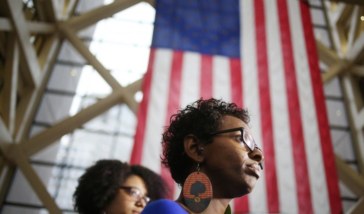 Kandace Montgomery, left, and Miski Noor of Black Lives Matter spoke after a hearing at the Hennepin County Government Center on Monday in MInneapolis.