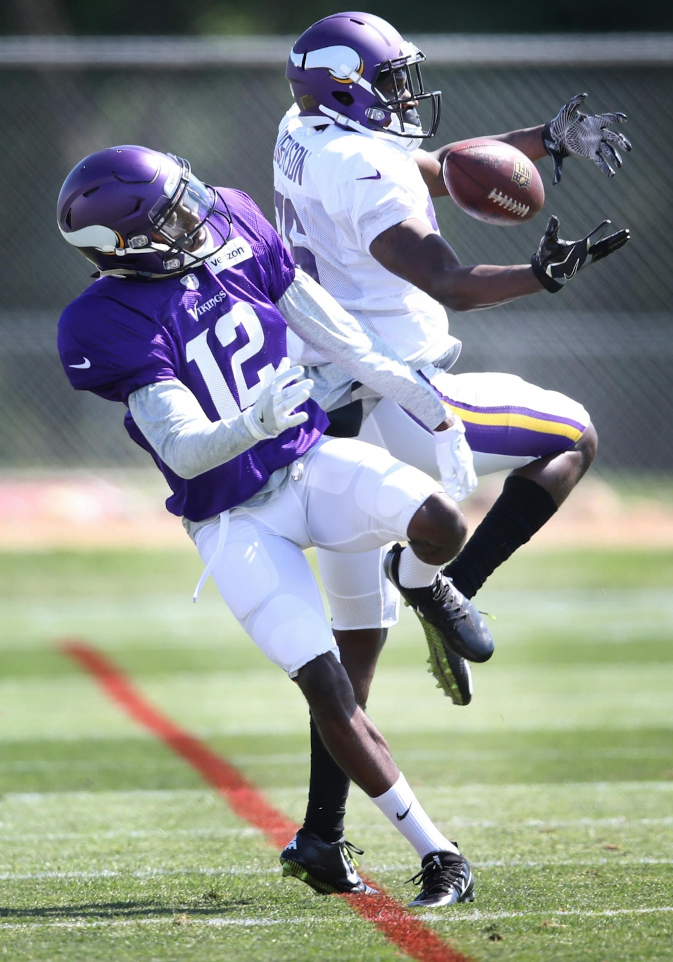 Minnesota Vikings defensive back Tre Roberson (36) intercepted a pass intended for wide receiver Rodney Adams (12) during practice at Minnesota State University Mankato Saturday July 29, 2017 in Mankato , MN.