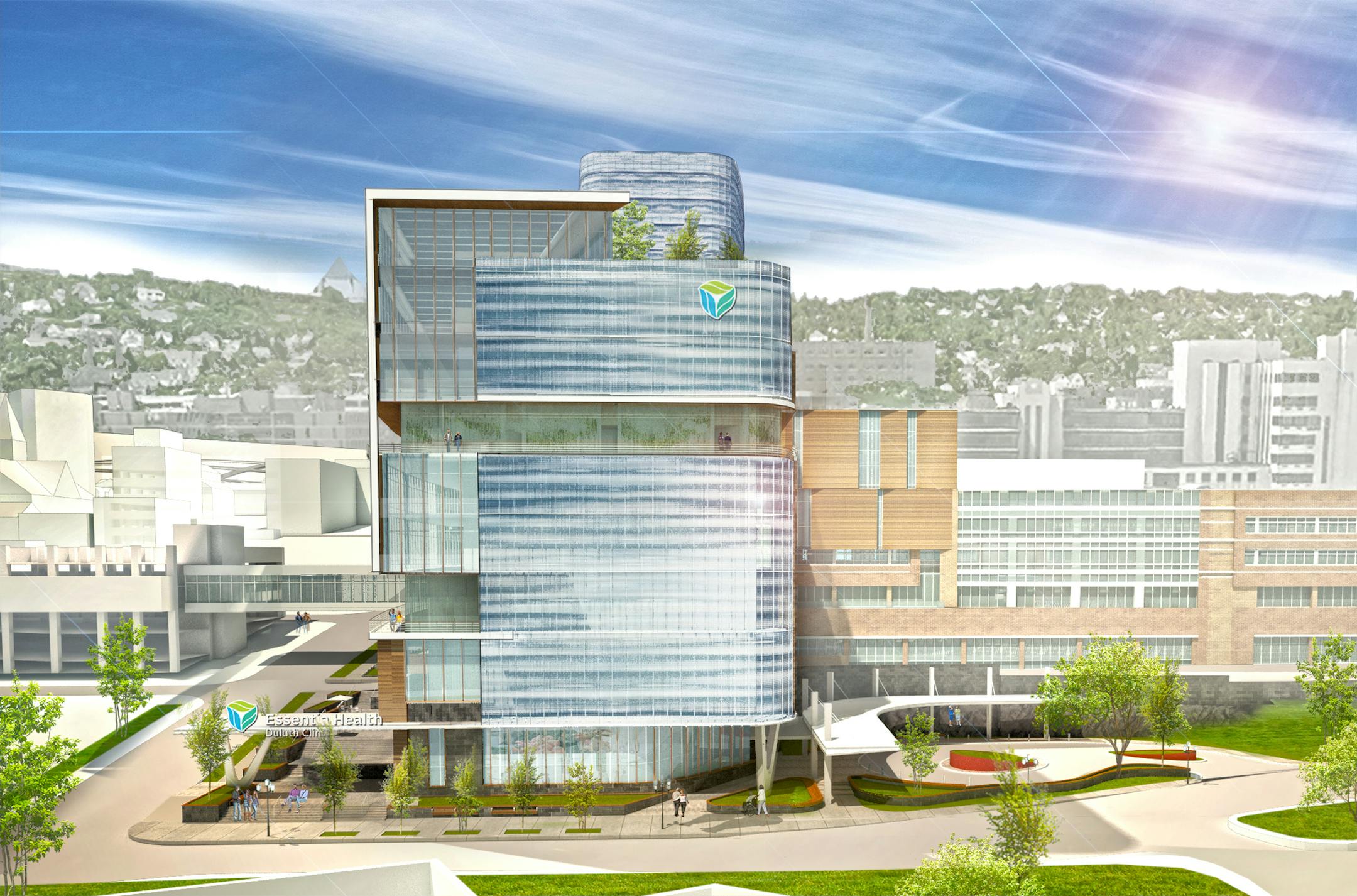 A rendering shows the Essentia Health hospital bed tower that will open to patients in fall 2023, part of a $900 million Duluth campus project known as Vision Northland.