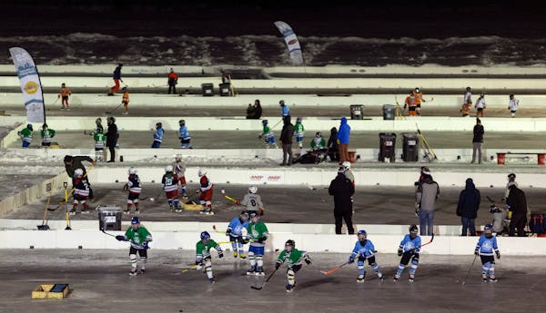 Games were played on multiple rinks during the 2022 U.S. Pond Hockey Championships on Lake Nokomis.