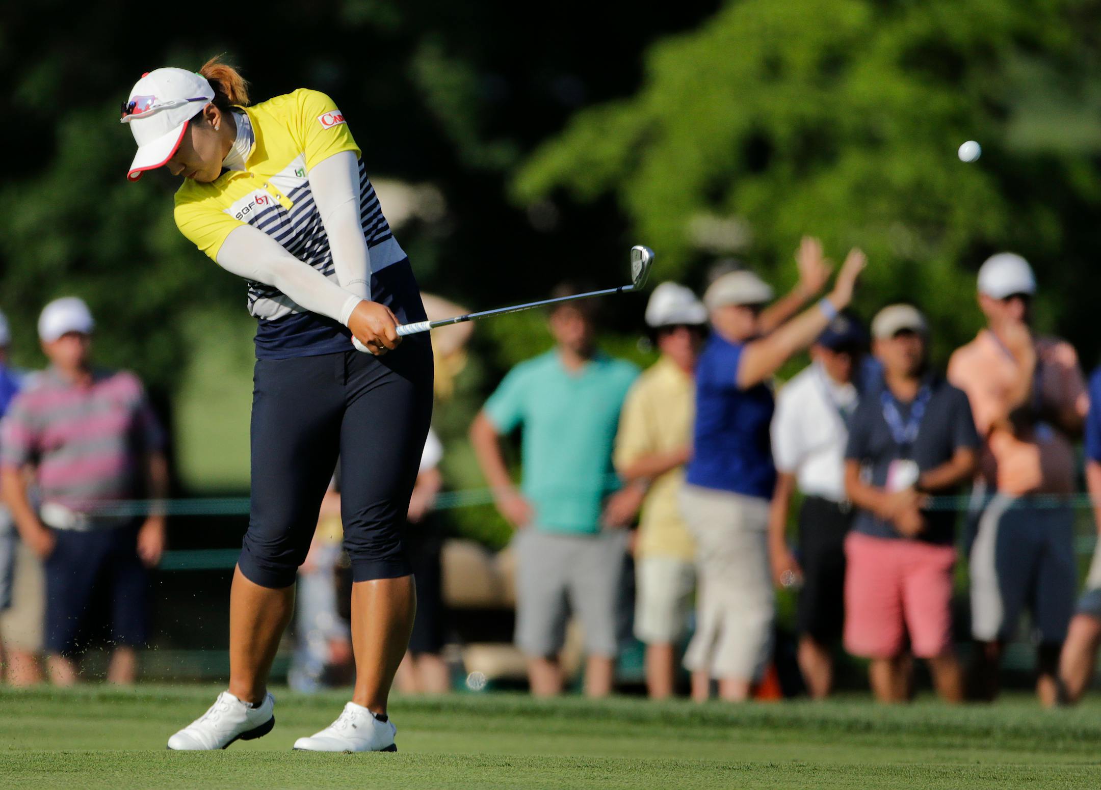 Amy Yang hits off the 18th fairway during the third round of the U.S. Women's Open golf tournament at Lancaster Country Club, Saturday, July 11, 2015 in Lancaster, Pa. (AP Photo/Frank Franklin II)