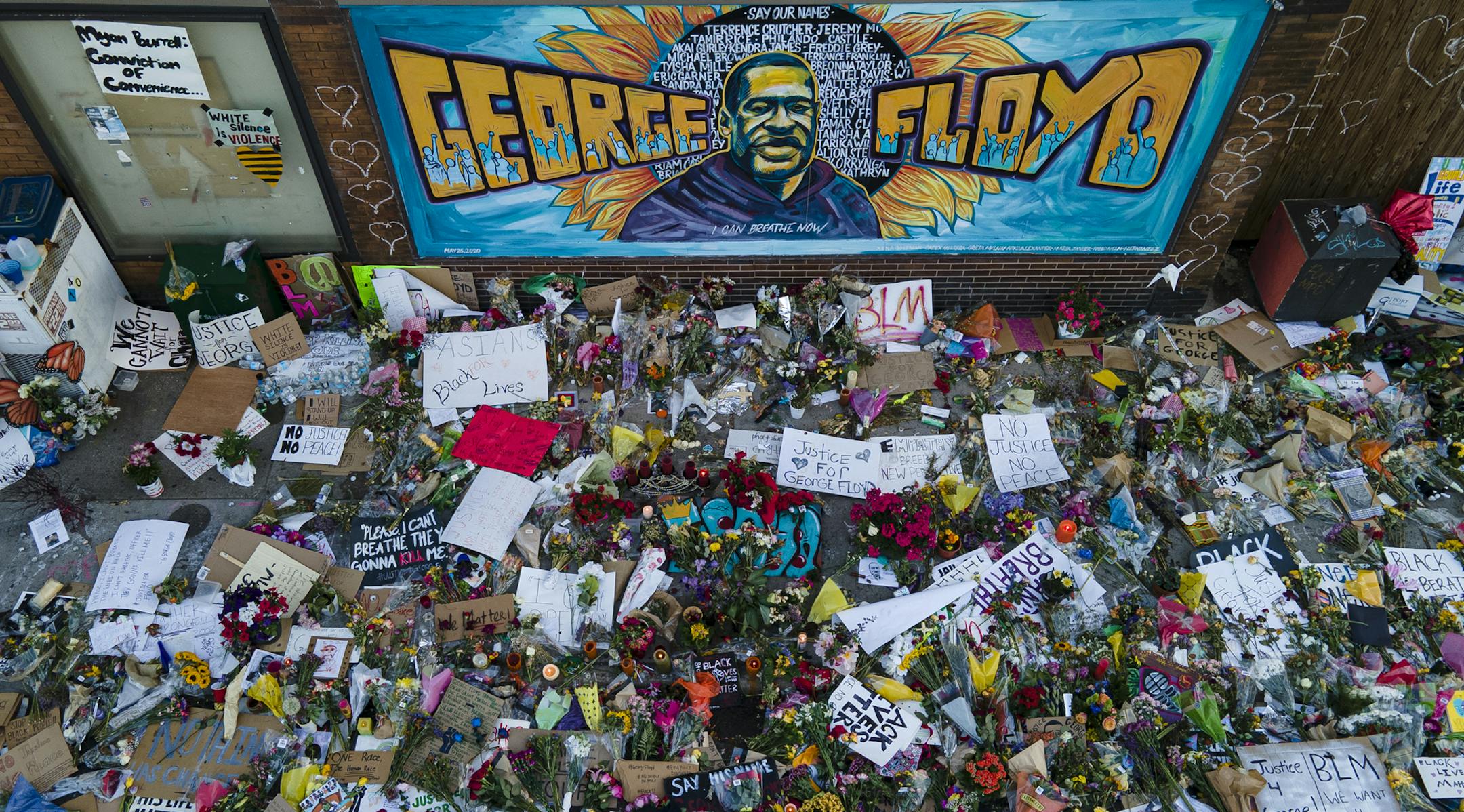 A memorial at East 38th Street and Chicago outside Cup Foods, where George Floyd died in police custody last Monday night. ] aaron.lavinsky@startribune.com The memorial for George Floyd outside Cup Foods, where Floyd was killed last Monday night in the custody of Minneapolis Police, photographed Tuesday, June 2, 2020 in Minneapolis, Minn.