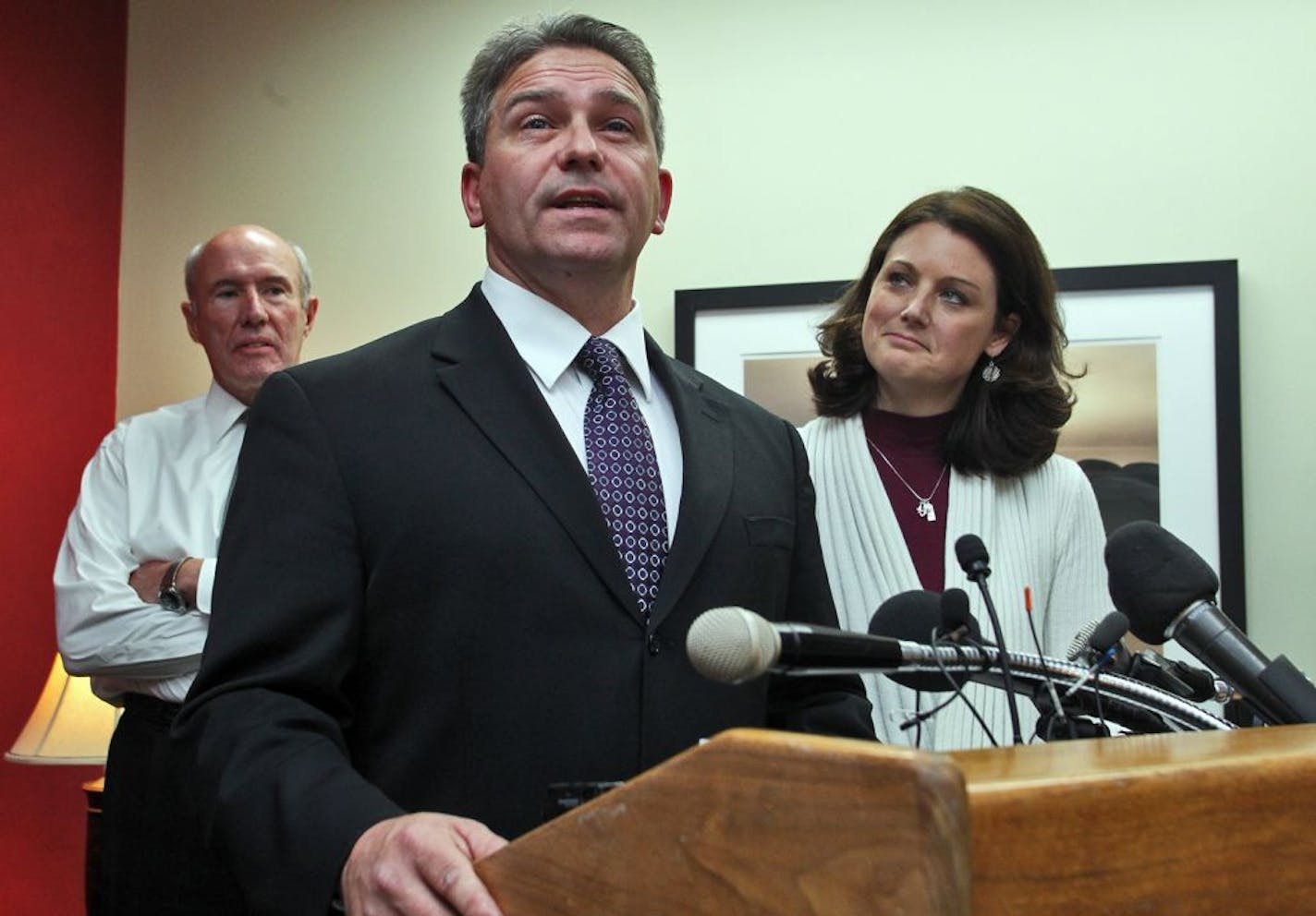 In this file photo, Todd Hoffner talks to the media after being cleared of child pornography charges relating to videos he made of his children. Hoffner, along with wife Melodee and lawyers held a press conference in Mankato to discuss the case.