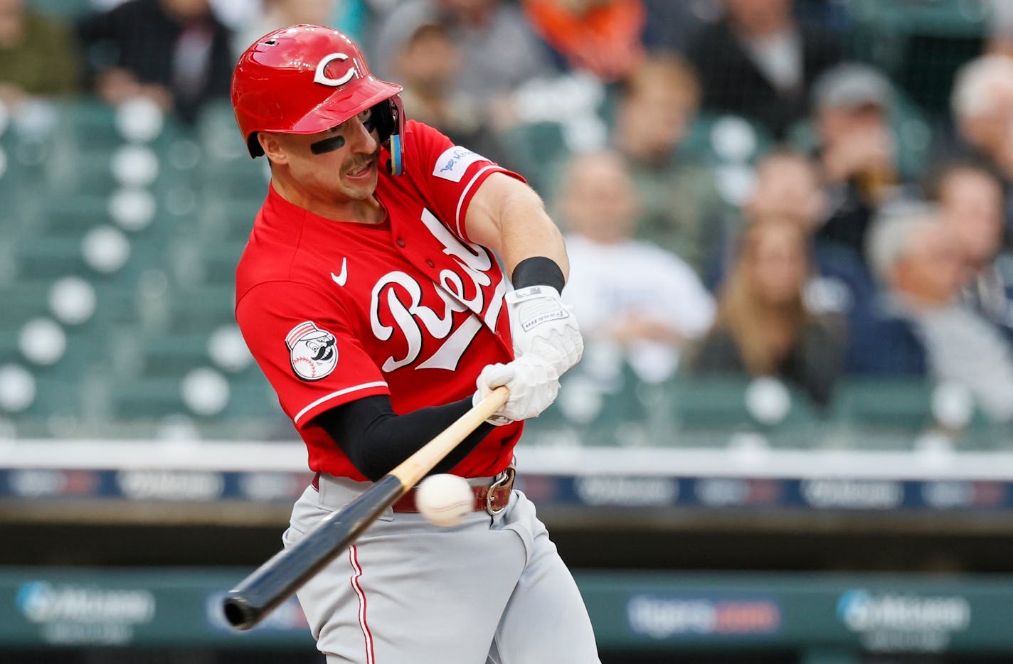 Cincinnati Reds' Spencer Steer fouls off a pitch against the Detroit Tigers during the first inning of a baseball game Wednesday, Sept. 13, 2023, in Detroit. (AP Photo/Duane Burleson)