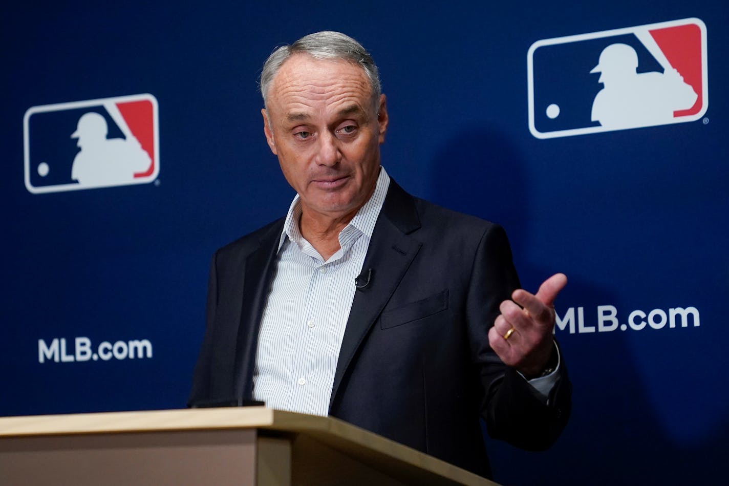 Major League Baseball Commissioner Rob Manfred speaks to members of the media following an owners' meeting, Thursday, June 15, 2023, at MLB headquarters in New York. (AP Photo/John Minchillo)