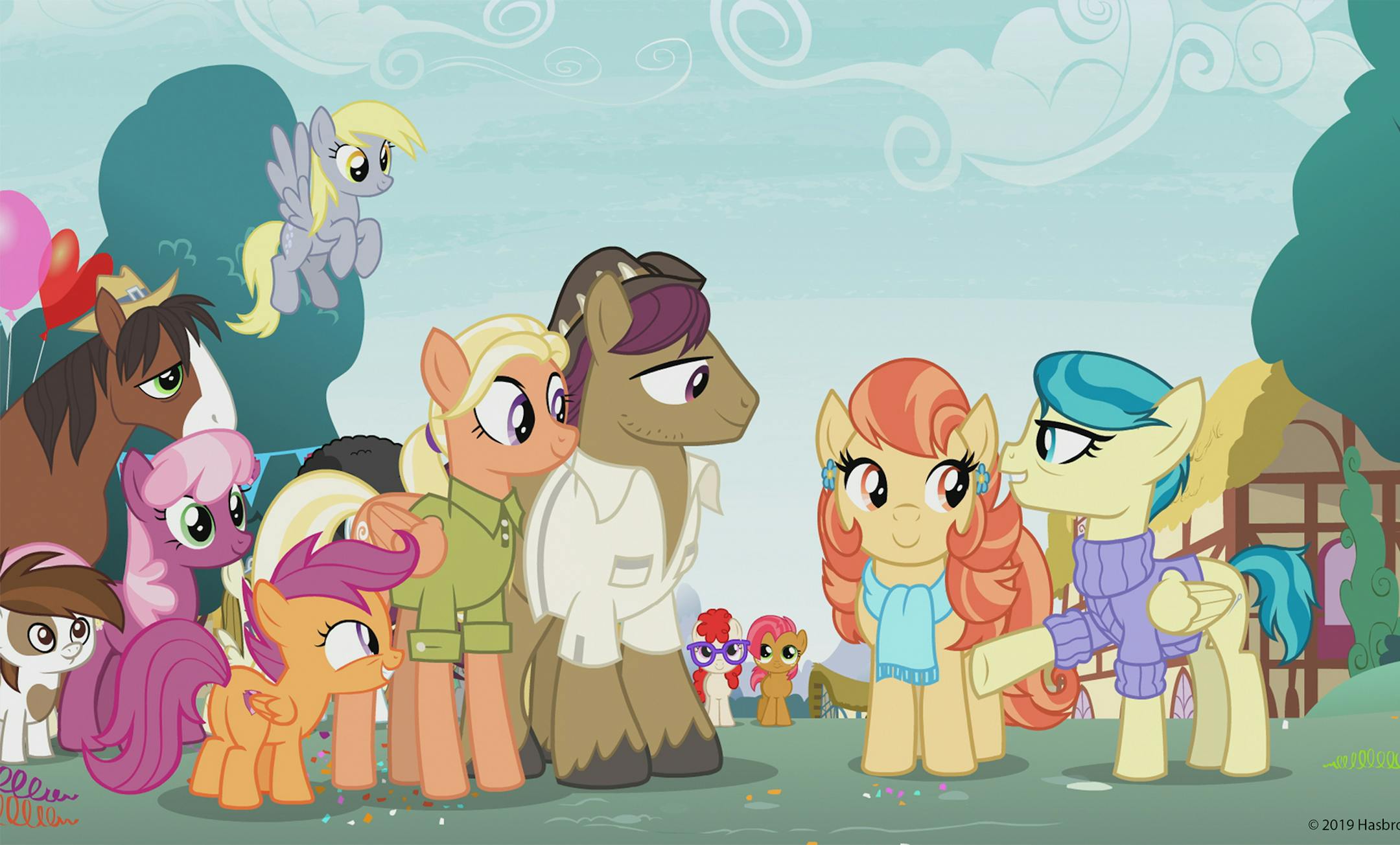 This photo provided by Hasbro Studios LLC/Discovery Family shows a scene from the Discovery Family Channel cartoon series “ My Little Pony: Friendship is Magic" coinciding with Pride Month. “My Little Pony” has introduced a same-sex couple on the show for the first time. Writer-producer Michael Vogel told People on Thursday, June 13, 2019 that the timing of the episode, “The Last Crusade,” is a happy coincidence. The episode introduces a lesbian couple, Aunt Ho