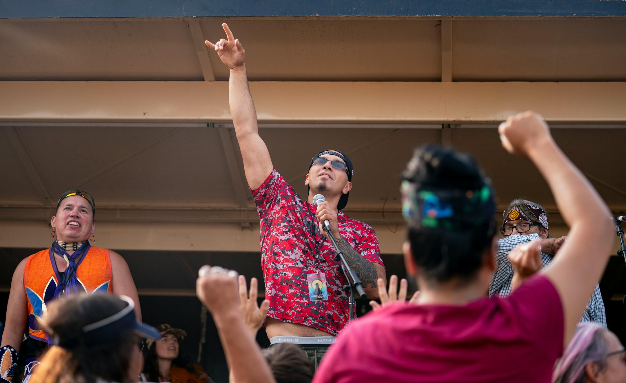 Keith Secola, an indigenous performer from Cook, Minn., and a fluid smattering of other musicians performed on the side stage at the Water is Life Festival on Wednesday.