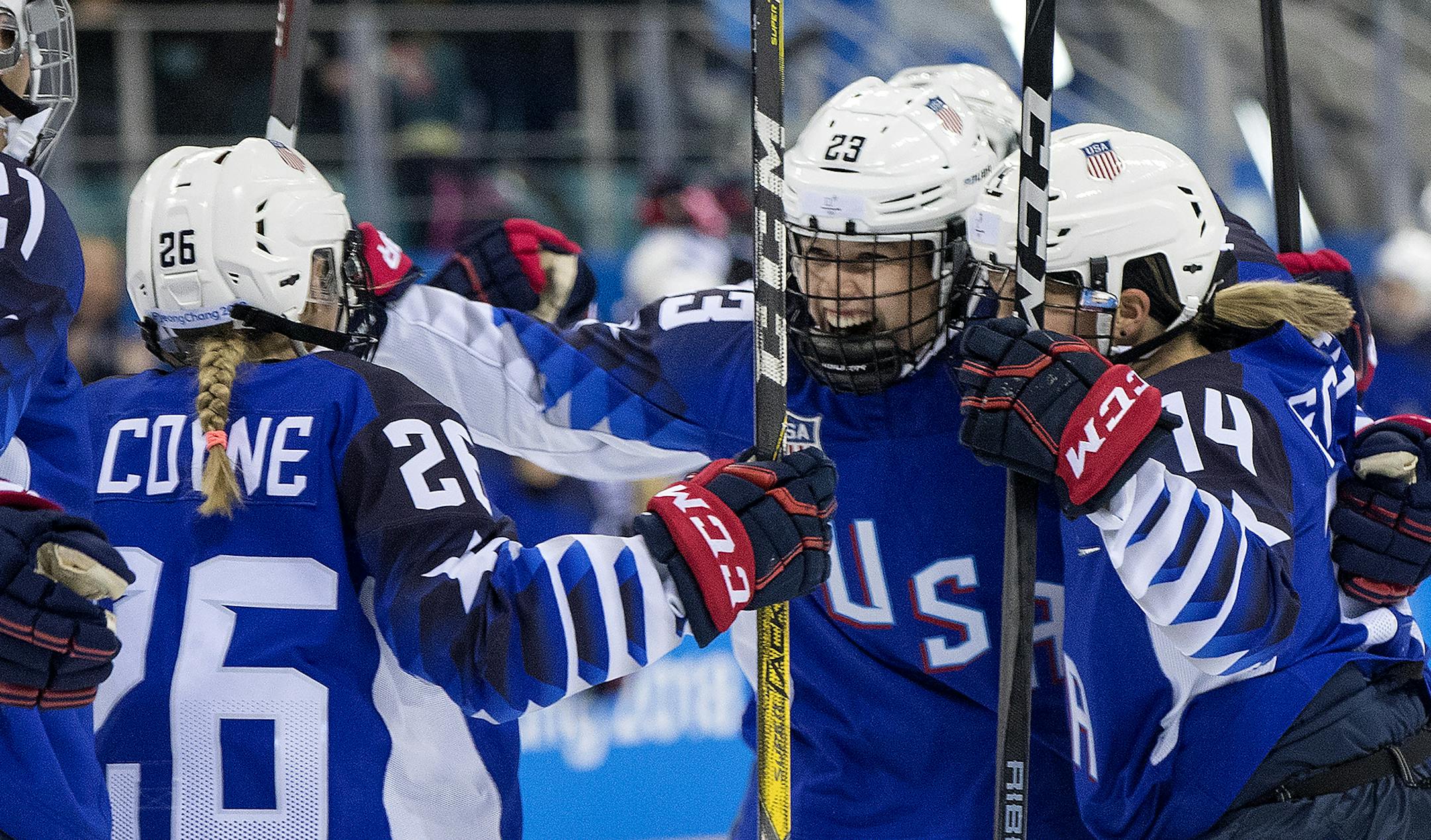Hilary Knight (21) celebrated with teammates after scoring a power play goal in the first period. ] CARLOS GONZALEZ &#xef; cgonzalez@startribune.com - February 22, 2018, South Korea, 2018 Pyeongchang Winter Olympics, Gangneung Hockey Centre, Women's Gold Medal Hockey Game, USA vs. Canada