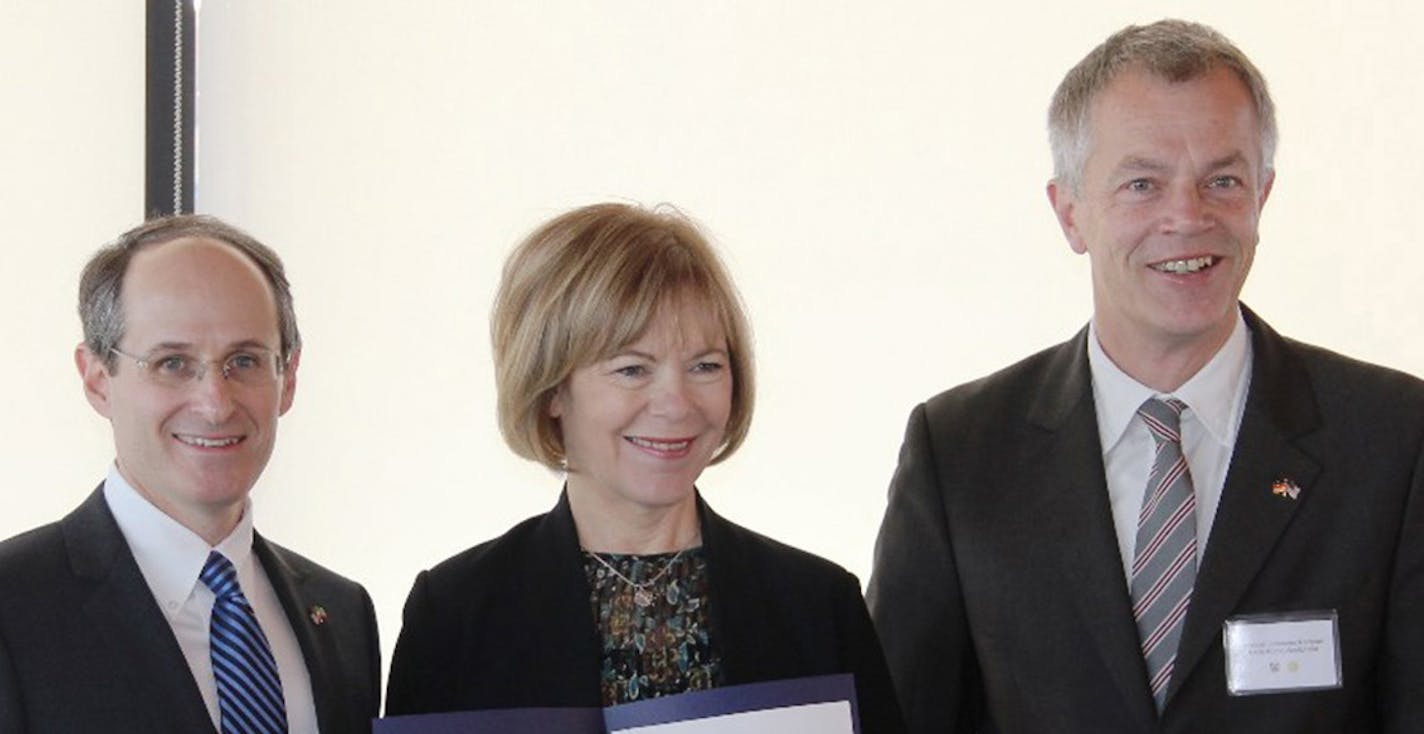 Institute on the Environment, The University of Minnesota Commissioner Michael Rothman, Lt. Gov. Tina Smith and North-Rhine Westphalia Minister of Environment Johannes Remmel at the Oct. 16 signing ceremony for &#xec;Under 2 MOU.&#xee;