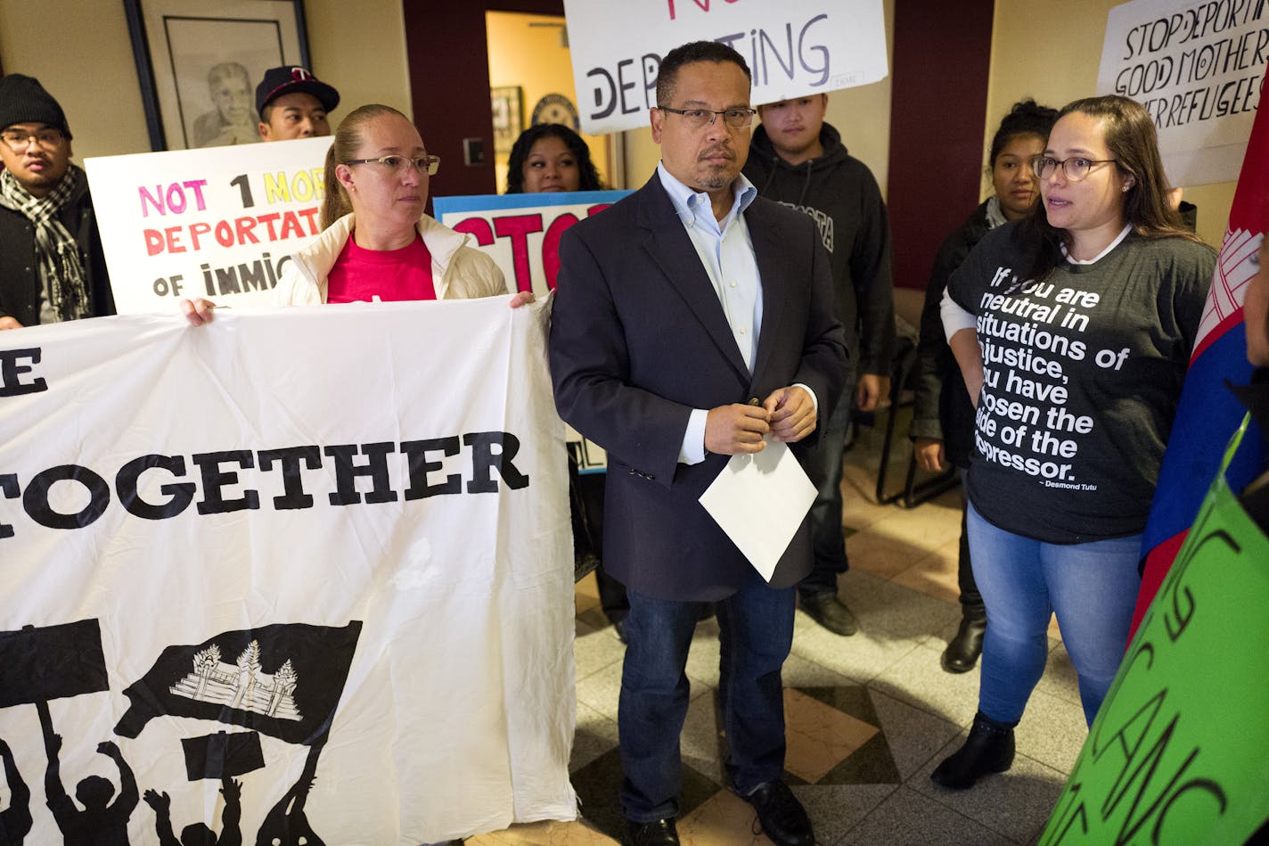 Jenny Srey, right, spoke with Congressman Keith Ellison about her husband, Ched Nin, who has been in custody since August during a rally last week at Ellison's office. Members of the Cambodian community and other immigrants are facing being deported back to Asia because of criminal convictions Wednesday October 12, 2016 in Minneapolis, MN.