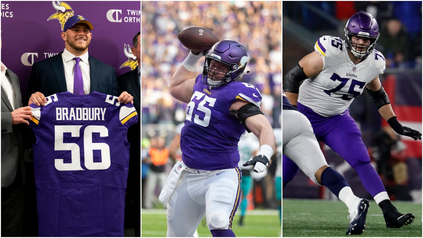 North Carolina State's Garrett Bradbury, left, is the highest-drafted offensive lineman selected by the Vikings since 2012, but 2017 and '18 saw the team find success on Day 2 of the draft in selecting Pat Elflein, center, and Brian O'Neill. The years before that? They created the problem the team is trying to fix.