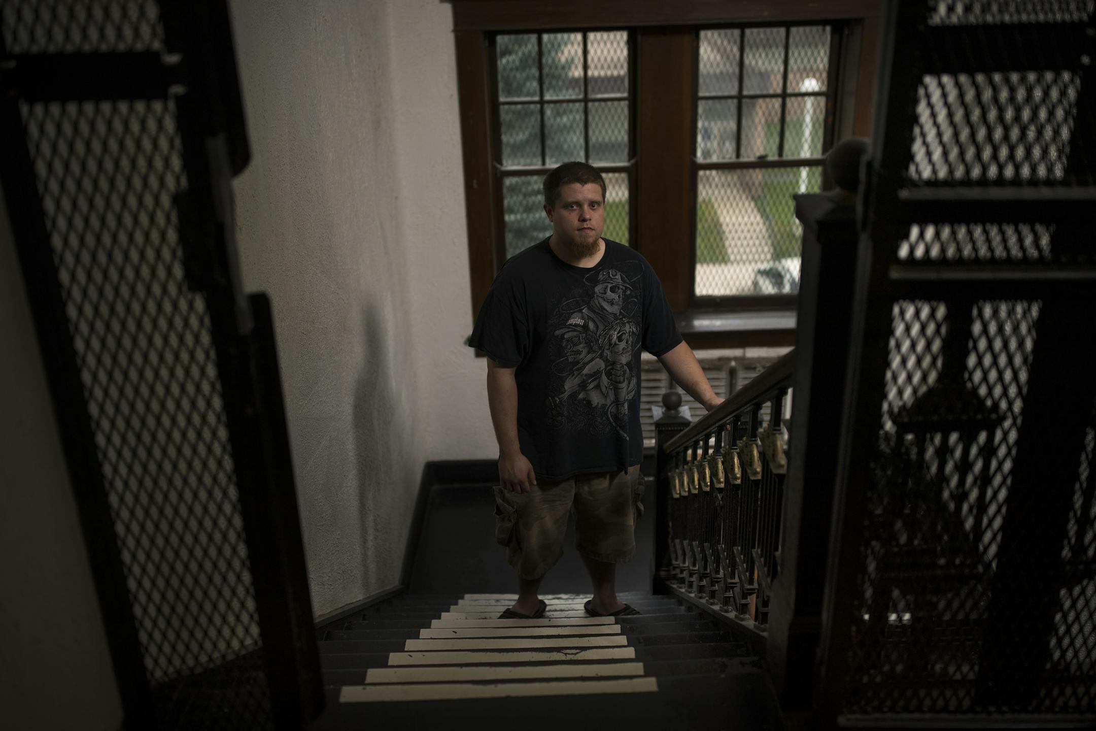 Portrait of Steven Wiltermuth 26, who has been a resident at the Cochran Halfway House for over a year now was taken Monday September 25,2017 in Hastings, MN. Cochran Halfway House is shutting its doors Dec. 1, citing multiple years of net loss as the reason.] JERRY HOLT ï jerry.holt@startribune.com Jerry Holt (note to editors this photo was taken on the stairs leading up to his 3rd floor room, the Cochran Halfway House shares building space with the Detox Center. ) Steven is not behind bar