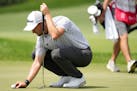 Lee Hodges lines up a putt on the 10th hole during the third round of the 3M Open Saturday, July 29, 2023 at TPC Twin Cities in Blaine, Minn. ] ANTHON