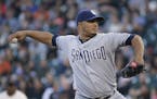 San Diego Padres starting pitcher Jhoulys Chacin works in the first inning of the team's baseball game against the San Francisco Giants on Thursday, J