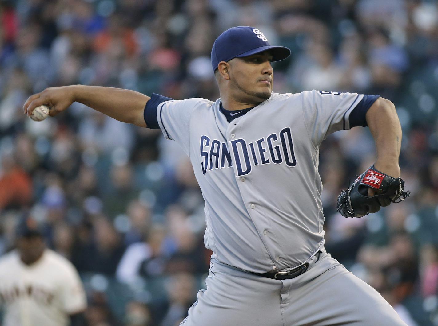 San Diego Padres starting pitcher Jhoulys Chacin works in the first inning of the team's baseball game against the San Francisco Giants on Thursday, July 20, 2017, in San Francisco. (AP Photo/Eric Risberg)