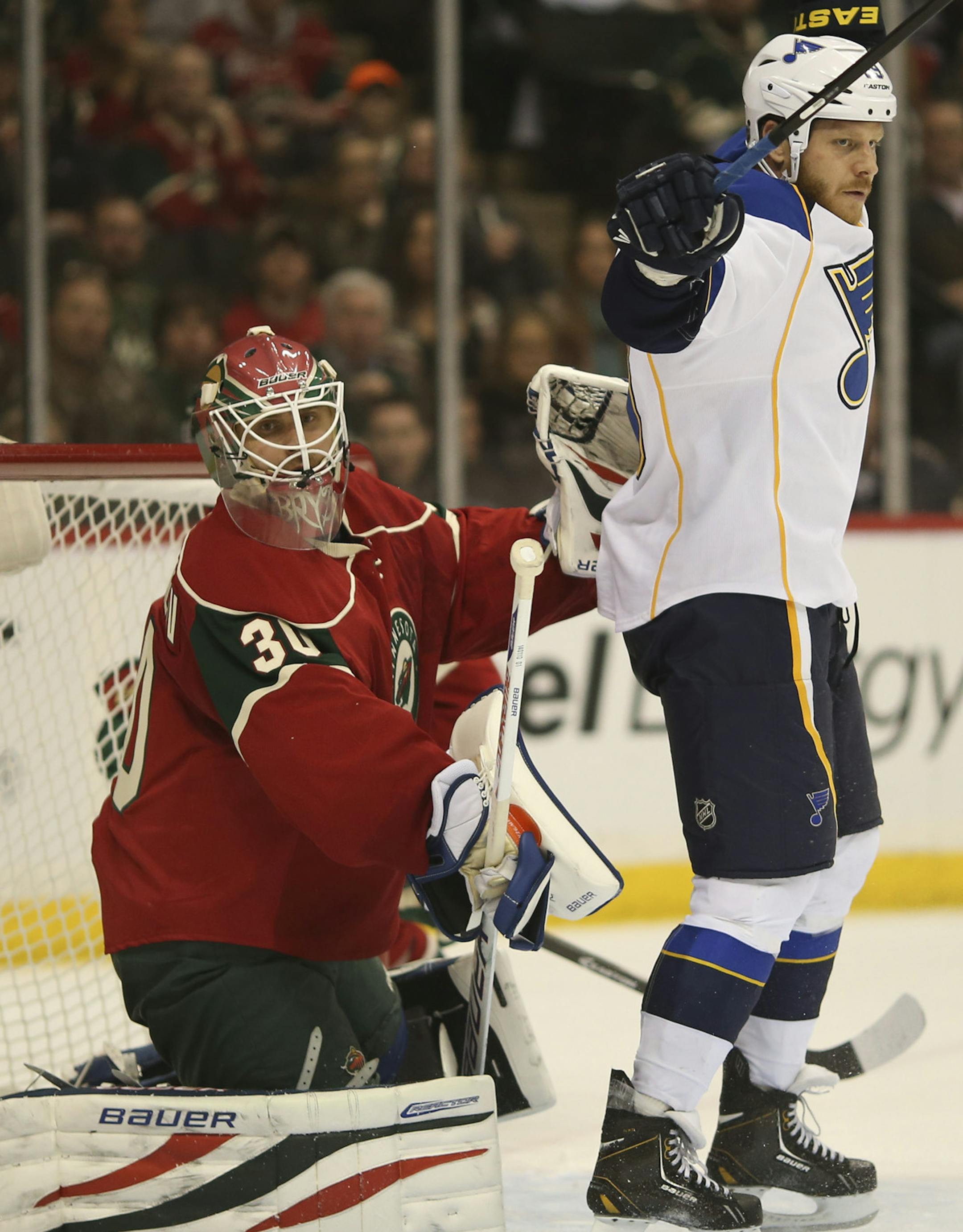 New Minnesota Wild goalie Ilya Bryzgalov (30) dealt with St. Louis Blues center Steve Ott (29) camping in his crease in the second period. ] JEFF WHEELER ‚Ä¢ jeff.wheeler@startribune.com The Minnesota Wild faced the St. Louis Blues in an NHL hockey game Sunday night, March 9, 2014 at Xcel Energy Center in St. Paul.
