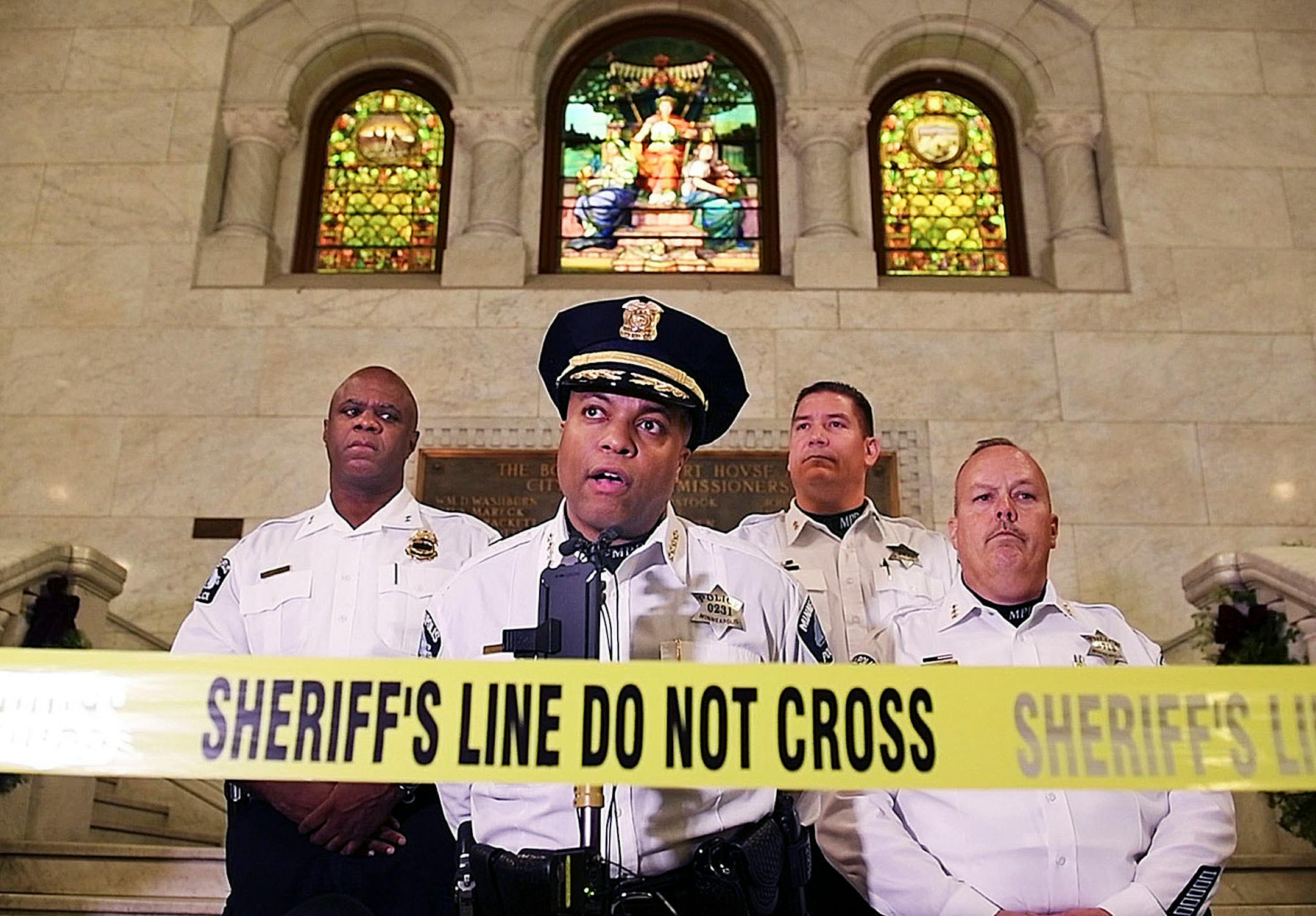 Minneapolis Police Chief Medaria Arradondo addressed reporters Monday night after the shooting at City Hall.